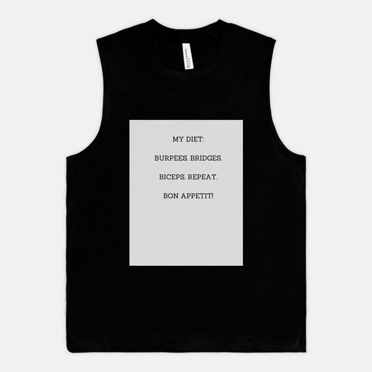 Gym My Diet Jersey Muscle Tank Original Design by Golden State Millionaire QR code Back