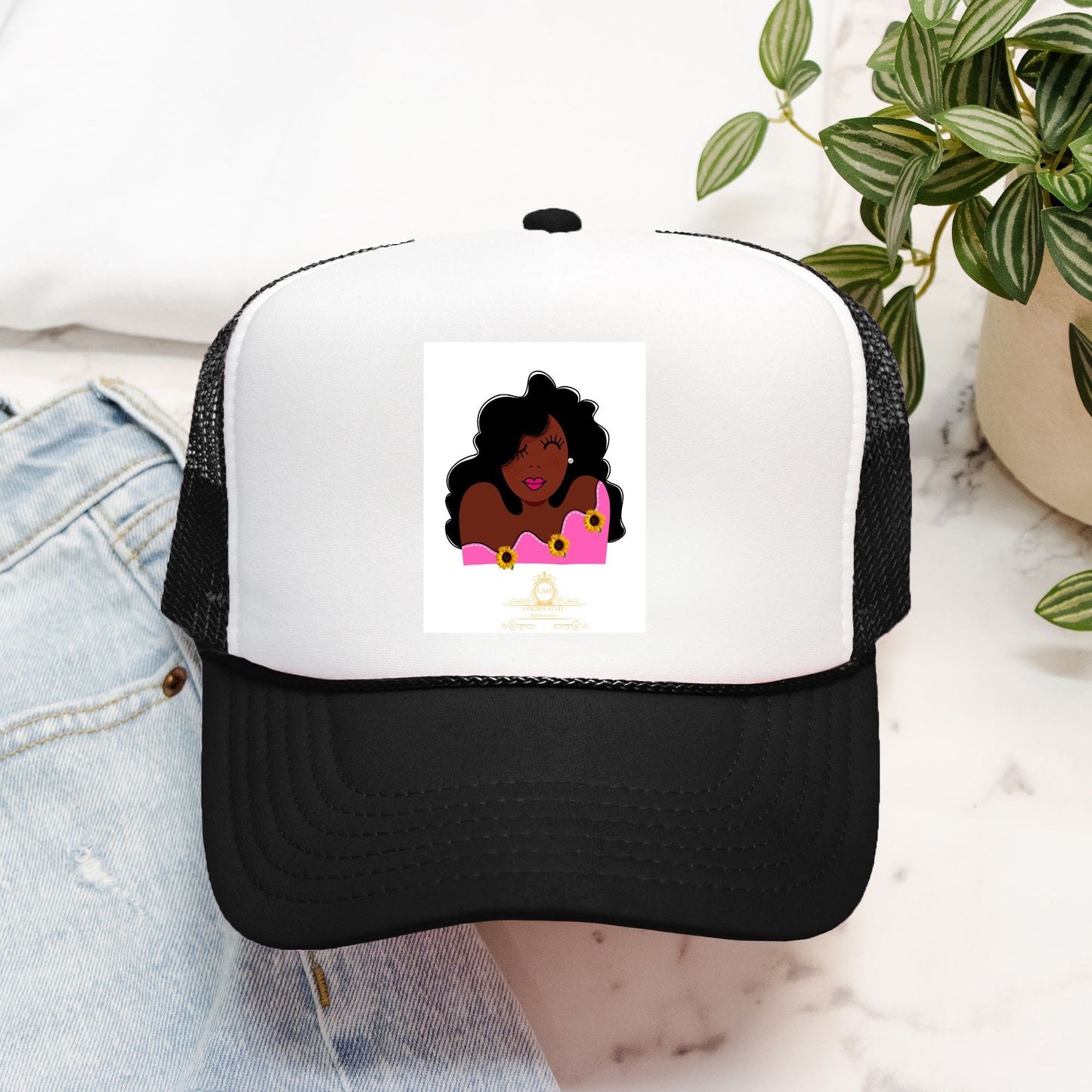 Pink lady in Sunflowers Foam Trucker Hat Otto 39-165