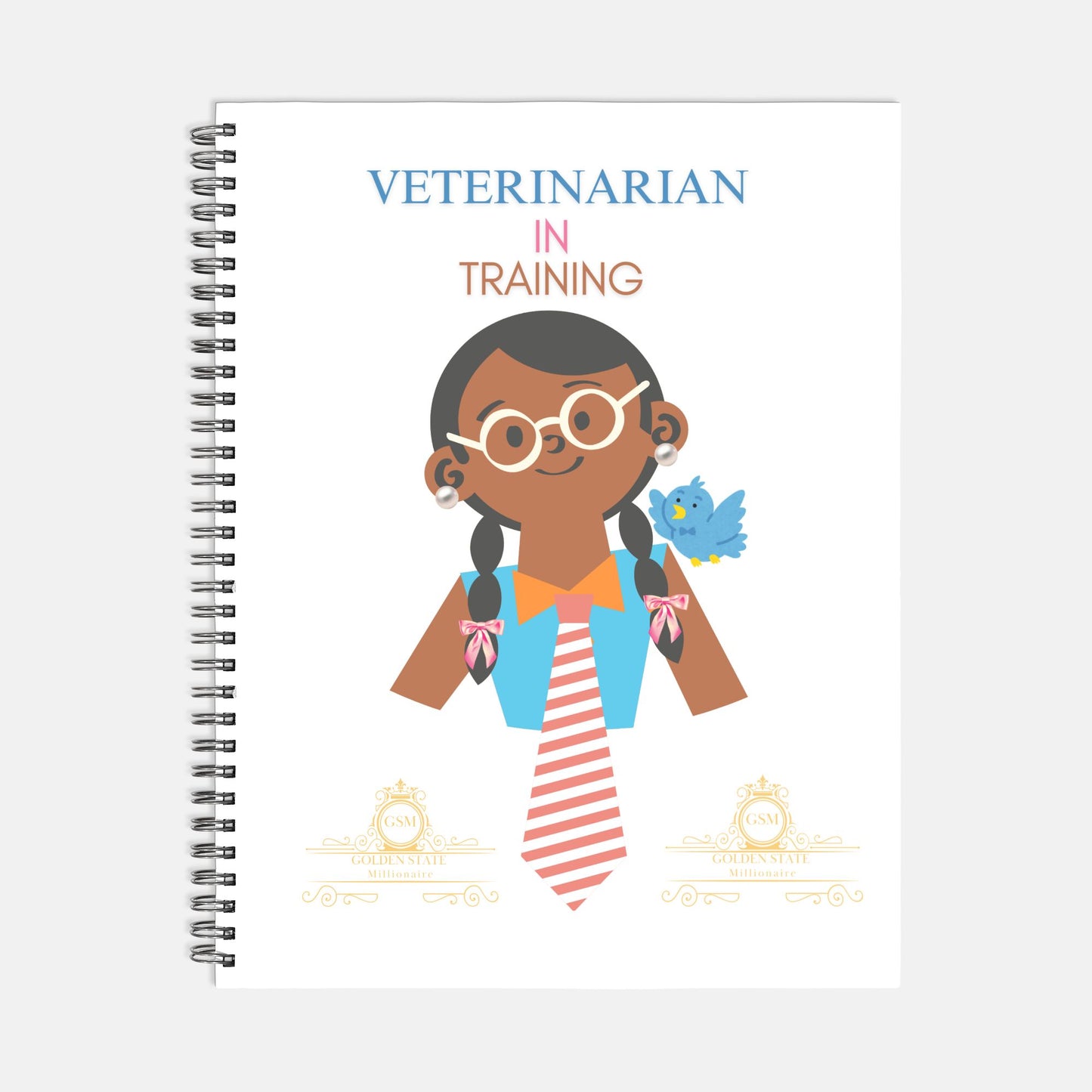 Kids African American Girl In Glasses Veterinarian Notebook Softcover Spiral 8.5 x 11